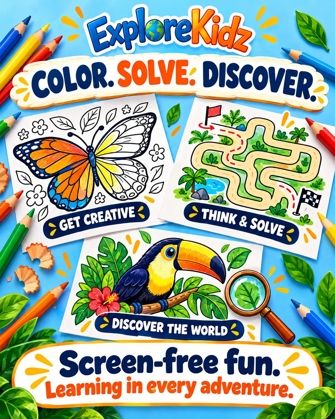 ExploreKidz activity pages: a butterfly to color, a jungle maze and a toucan