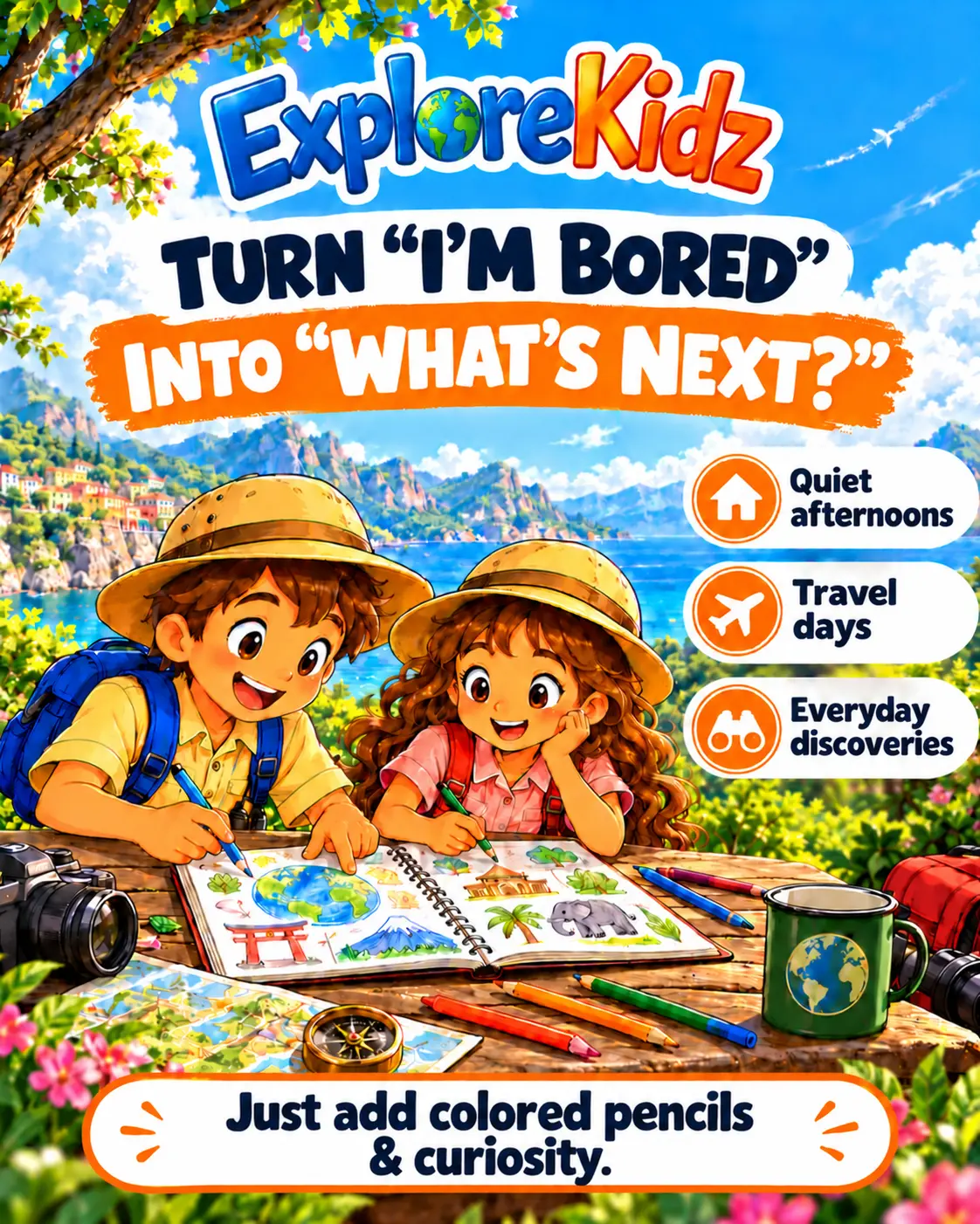 Sam and Mia coloring an ExploreKidz activity book outdoors