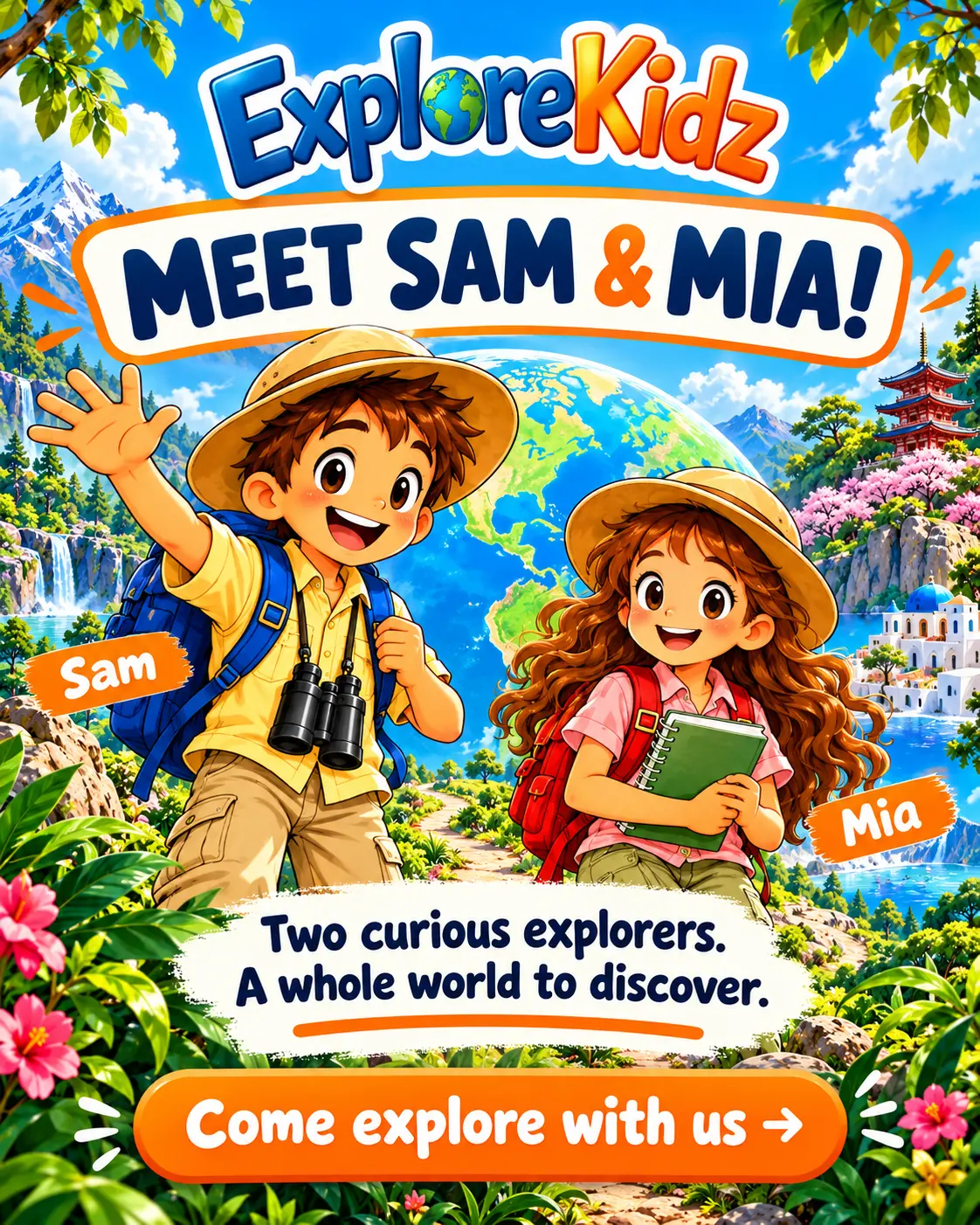 ExploreKidz promo introducing Sam and Mia, two young explorers in safari hats